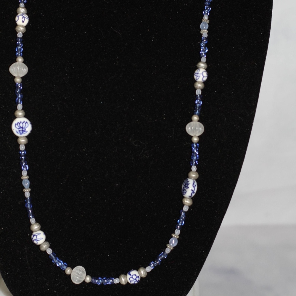 Blue & White Beaded Long Necklace